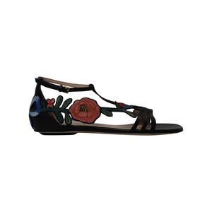 Gucci Ophelia Floral-Embroidered Flat Sandals in Black Leather